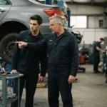 Właściciel warsztatu pokazuje nowemu mechanikowi zlecenie przy aucie